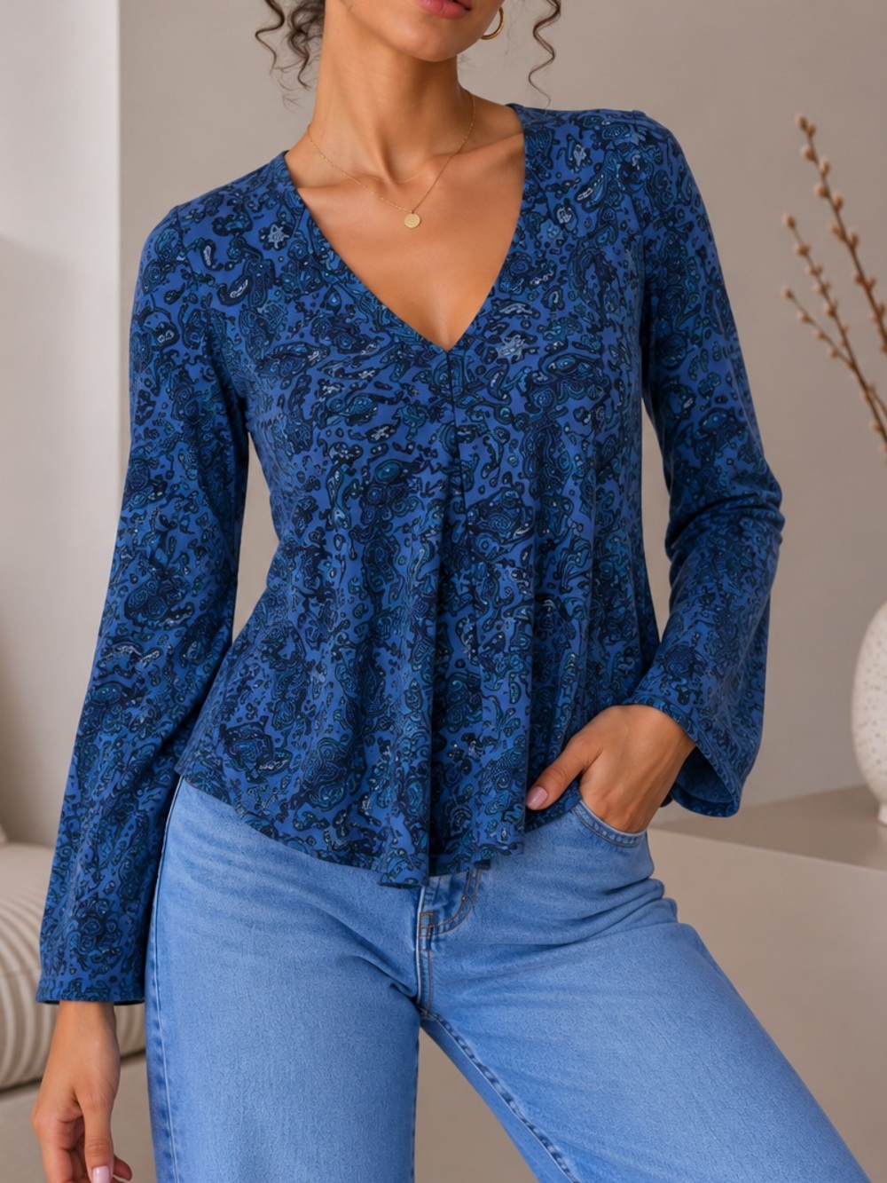 Christopher & Banks Blue Paisley V-Neck Long-Sleeve Blouse